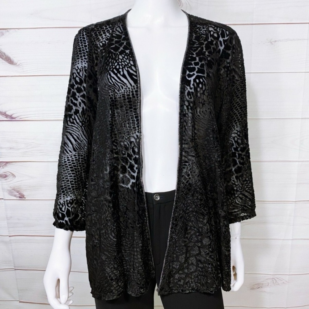 Open Velour Jacket Black Animal Print 3/4 Sleeve Top